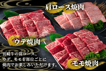 《毎月数量限定》＜【3ヶ月定期便】総重量1.1kg 宮崎牛焼肉味わい試し＞肩ロース ウデ モモ 食べくらべ 国産 九州産 みやざき牛肉 焼き肉 BBQ バーベキュー アウトドア 小分け 個包装 プレゼント【MI241-my-x1】【ミヤチク】