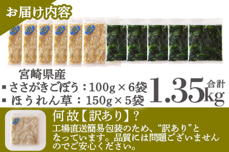 ＜【訳あり】冷凍野菜詰め合わせ(ホウレンソウ150g×5袋 ささがきごぼう100g×6袋)工場直送簡易包装 小分けパック11袋＞宮崎県産【MI117-bk】【ベーカリー梅茂登】 ほうれん草・ささがきごぼう	1.35kg
