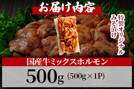 【数量限定】＜国産牛ミックスホルモン みそ漬 500g(約500g×1)＞国産 牛肉 肉 ホルモン モツ 大腸 冷凍 焼肉 BBQ もつ鍋 煮込み 小分け 焼くだけ 簡単 タレ漬け 簡易包装【MI705-hr】【肉の豊楽】 500g(約500g×1)