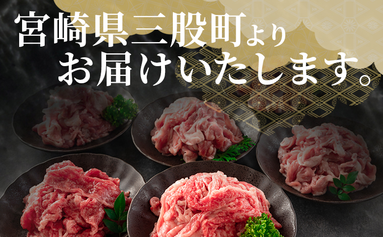 ＜【定期便】全3回隔月 宮崎牛切り落とし牛肉（カタ肉）豚肉（ウデ、モモ）総量約4.8kg＞【MI413-nm-B-x1】【ニクマル】