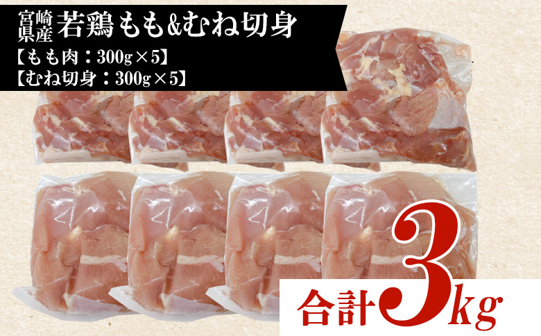 ＜宮崎県産 若鶏もも＆むね切身 約3kg＞ 鶏もも むね肉 鶏肉 【MI442-tr】【TRINITY】 若鶏もも&むね切身 約3kg	