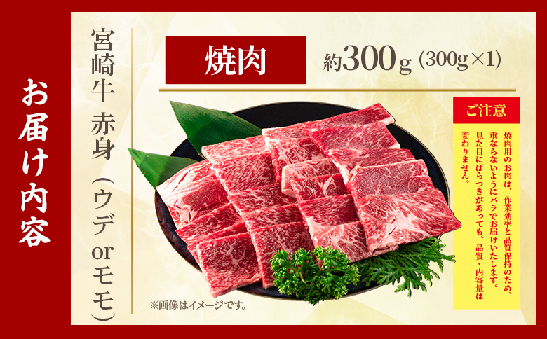 ＜宮崎牛赤身【焼肉】（ウデorモモ）300g＞【6月発送】脂控えめ ヘルシー あっさり うで もも 炒め物 肉料理 ご馳走 国産 ブランド牛肉 黒毛和牛【MI681-my-jun】【ミヤチク】 【焼肉/300g】6月発送