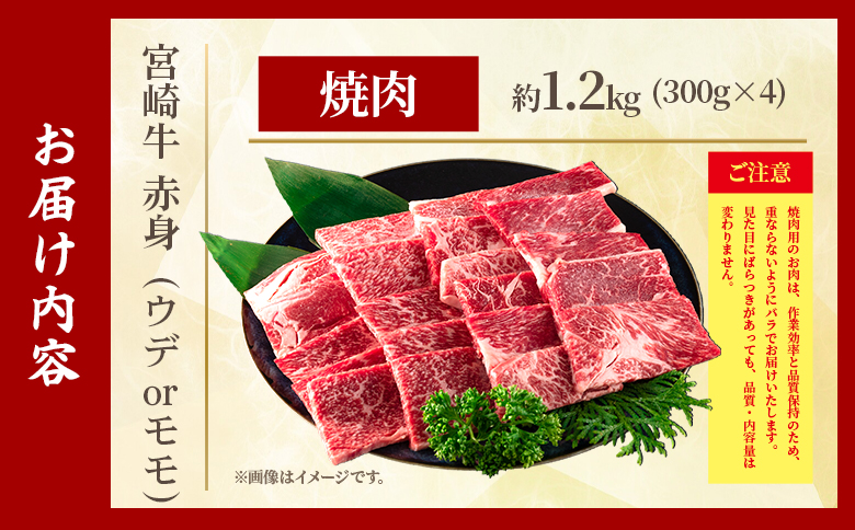 ＜宮崎牛赤身【焼肉】（ウデorモモ）1.2kg＞【4月発送】脂控えめ ヘルシー あっさり うで もも 炒め物 肉料理 ご馳走 国産 ブランド牛肉 黒毛和牛【MI684-my-apr】【ミヤチク】 【焼肉/1.2kg】4月発送