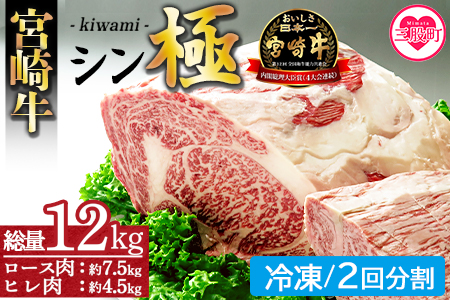 ＜宮崎牛『シン極(きわみ)』ロース肉約7.5kg、ヒレ肉約4.5kg (冷凍・2回分割)＞ 国産ブランド牛 黒毛和牛【MI019-nk-i-02】【中村食肉】 【冷凍】 2回配送 約12kg