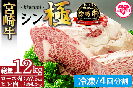＜宮崎牛『シン極(きわみ)』ロース肉約7.5kg、ヒレ肉約4.5kg (冷凍・4回分割)＞ 国産ブランド牛 黒毛和牛【MI019-nk-i-04】【中村食肉】 【冷凍】 4回配送 約12kg