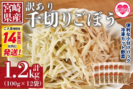 ＜【訳あり】冷凍千切りごぼう 工場直送簡易包装 小分けパック100g×12袋＞宮崎県産【MI100-bk】【ベーカリー梅茂登】 千切りごぼう	1.2kg(100g×12)