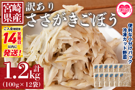 ＜【訳あり】冷凍ささがきごぼう 工場直送簡易包装 小分けパック100g×12袋＞宮崎県産【MI101-bk】【ベーカリー梅茂登】 ささがきごぼう	1.2kg(100g×12)