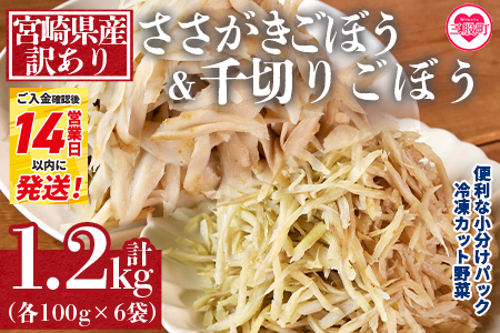 ＜【訳あり】冷凍ごぼうセット(ささがき＆千切り)工場直送簡易包装 小分けパック100g×6袋、100g×6袋＞宮崎県産【MI198-bk】【ベーカリー梅茂登】 ささがき＆千切り	1.2kg(各100g×6)
