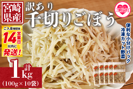 ＜【訳あり】冷凍千切りごぼう 工場直送簡易包装 小分けパック100g×10袋＞宮崎県産【MI544-bk】【ベーカリー梅茂登】 千切りごぼう	1kg(100g×10)