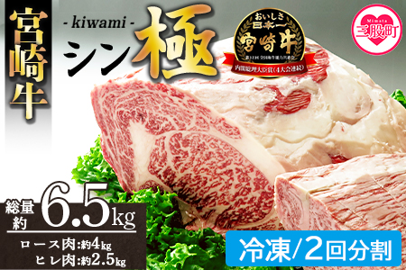 ＜宮崎牛『シン極(きわみ)』ロース肉約4kg、ヒレ肉約2.5kg (冷凍・2回配送)＞ 国産ブランド牛 黒毛和牛【MI635-nk-i-02】【中村食肉】 【冷凍】 2回配送 約6.5kg