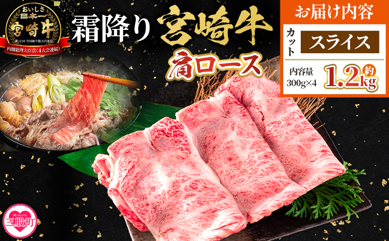 ＜宮崎牛肩ロース【スライス】1.2kg＞【4月発送】霜降り やわらかい サシ 赤身と脂のバランス 炒め物 肉料理 ご馳走 国産 高級 ブランド牛肉 黒毛和牛 数量限定【MI696-my-apr】【ミヤチク】 【スライス/1.2kg】4月発送