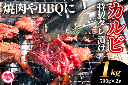 ＜カルビ焼肉（外国産牛肉 特製タレ漬け）1kg(約500g×2)＞真空パック 牛肉 肉 サガリ さがり BBQ バーベキュー たれ漬け タレ 焼き肉 カルビ 牛丼 おかず 簡単【MI704-hr】【肉の豊楽】 約500g×2