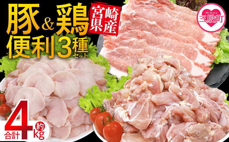 ＜宮崎県産 豚肉鶏肉便利セット 合計4kg＞ 3種セット 小分けパック 真空パック ロース スライス カット肉 カット済み もも肉 むね肉 切身 切り身 普段使い 国産【MI734-tr】【TRINITY】