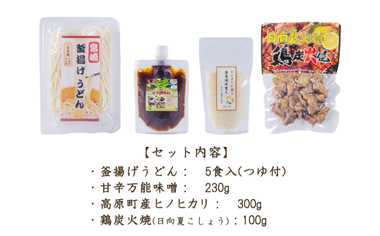 《ふるさとの高原の味》霧島の恵み! ごちそううどんセット[釜揚げうどん 万能味噌 ヒノヒカリ 鶏炭火焼 特産品詰合せ セット おかず おつまみ 贈り物 ギフト ワンストップオンライン 10000円以下] TF0858-P00008