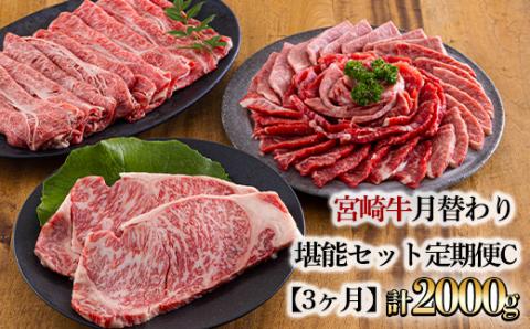 宮崎牛月替わり堪能セット定期C[3ヶ月] 合計2000g(2kg) [国産 黒毛和牛 ブランド牛 お肉 ステーキ 焼肉 しゃぶしゃぶ 70000円 7万円 『おいしい特産品を詰め込んだ定期便特集』-宮崎県高原町] TF0691-P00020