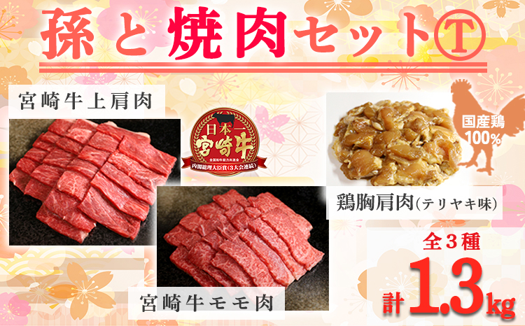 《内閣総理大臣賞受賞》孫と焼肉セットT「宮崎牛モモ肉と上肩肉&国産鶏モモ肉 計1,300g」霧島山の麓で育んだ日本一おいしい黒毛和牛 内閣総理大臣賞4回連続受賞[赤身肉 牛肉 鶏肉 詰め合わせ A5ランク A4等級 照り焼き テリヤキ 1.3kgTF0577-P00012