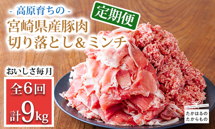 高原育ちの宮崎県産豚肉切り落とし＆ミンチ定期便9kg（計6回×1.5kg）おいしさ堪能 アレンジ色々 [夕食 お弁当 一人暮らし 万能食材 生姜焼き しゃぶしゃぶ ハンバーグ 餃子 肉巻き ミートソース 麻婆豆腐]TF0769-P0007
