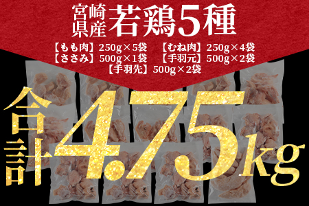 ★バラバラ冷凍 鶏肉★＜宮崎県産若鶏肉IQF 5種セット 4.75kg＞3か月以内に順次出荷【 鶏 肉 鶏肉 もも 鶏肉 むね 鶏肉 ささみ 鶏肉 手羽元 鶏肉 手羽先 鶏肉 食べ比べ カット済 鶏肉 小分け 鶏肉 からあげ 鶏肉 IQF 鶏肉 国産 鶏肉 食べ比べ 鶏肉  市場食鳥 国富町 宮崎県】