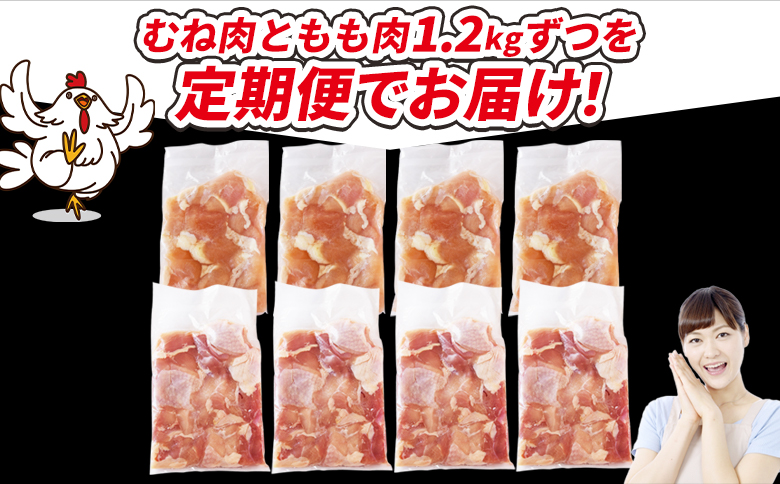 ＜宮崎県産若鶏切身 2.4kg（むね肉 300g×4袋 もも肉 300g×4袋）3か月定期便＞ 入金確認後、翌々月までに初回発送【 セット 詰め合わせ からあげ 唐揚げ カレー シチュー BBQ 煮物 チキン南蛮 小分け おかず おつまみ お弁当 惣菜 時短 炒め物 簡単料理 市場食鳥 国富町 宮崎県】 2.4kg（むね肉 300g×4袋 もも肉 300g×4袋）3か月定期便　\33,000