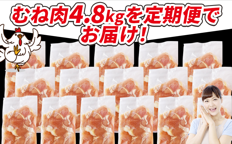 ＜宮崎県産若鶏切身 むね肉 4.8kg（300g×16袋）12か月定期便＞ 入金確認後、翌々月までに初回発送 【 からあげ 唐揚げ カレー シチュー BBQ 煮物 チキン南蛮 小分け おかず おつまみ お弁当 惣菜 時短 炒め物 簡単料理 市場食鳥 国富町 宮崎県】 むね肉4.8kg（300g×16袋）12か月定期便　\118,000