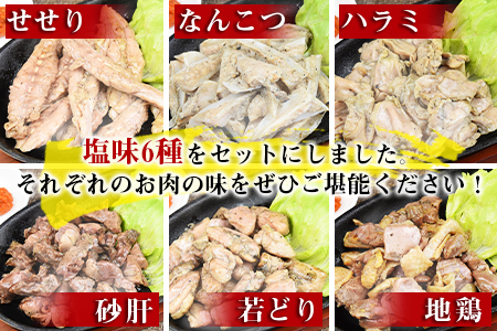 ★宮崎名物★＜特撰 炭火焼塩三昧 6パックセット（真空冷蔵便）＞翌月末までに順次出荷【 鶏 肉 鶏肉 炭火焼 炭火焼き おつまみ おかず 食べ比べ 宮崎地鶏屋 -】