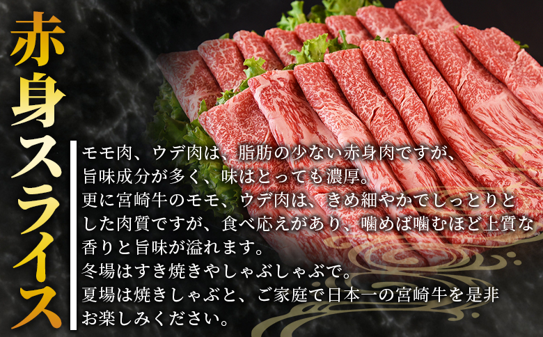 ＜宮崎牛赤身(ウデorモモ)スライス 1kg＞入金確認後、2026年4月に順次出荷 【 国産 黒毛和牛 牛肉 牛 精肉 スライス ウデ肉 モモ肉 4等級以上 ブランド牛 赤身 旨味 贈答品 ギフト 贈り物 プレゼント 化粧箱 しゃぶしゃぶ グルメ ミヤチク 宮崎県 国富町 】 【1kg】2026年4月に順次出荷