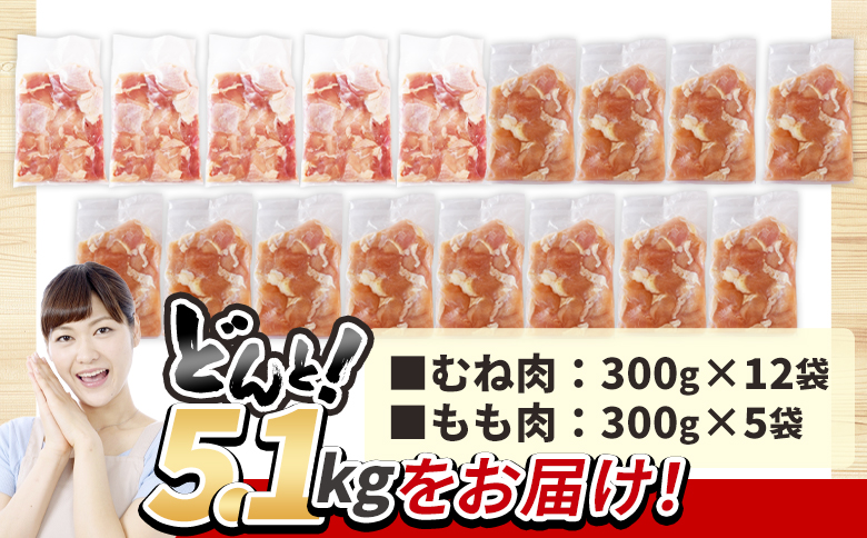 ＜宮崎県産若鶏切身5.1kg（むね肉300g×12袋 もも肉300g×5袋）＞翌々月までに順次出荷【 鶏肉 詰め合わせ セット からあげ 唐揚げ カレー シチュー BBQ 煮物 チキン南蛮 小分け おかず おつまみ お弁当 惣菜 時短 炒め物 簡単料理 市場食鳥 国富町 宮崎県】