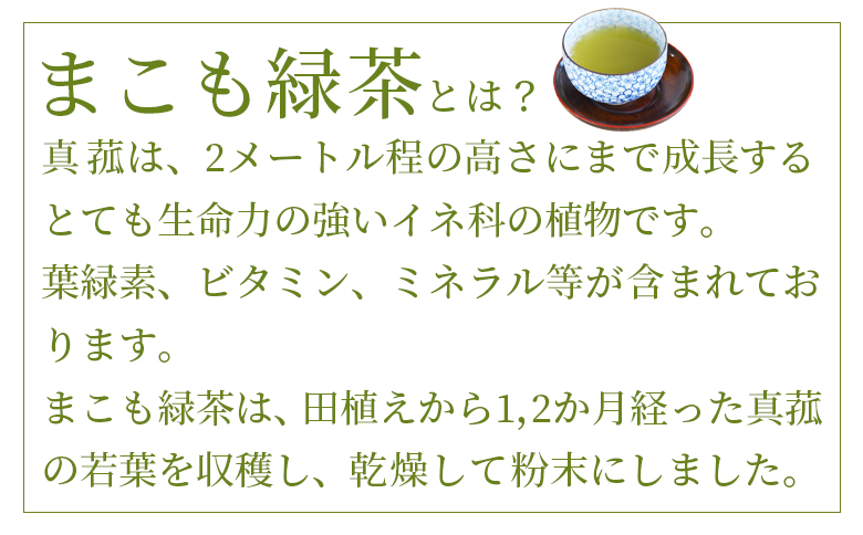 ＜まこも緑茶 50g(50g×1袋)＞翌月末迄に順次出荷【 国産 植物性食品 腸活 お茶 真菰 マコモ 株式会社サンマコモ 宮崎県 国富町 】 50g×1袋　7,000円
