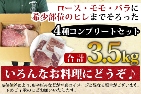 ＜宮崎県産 豚肉 ブロック 4種セット（ヒレ・ロース・モモ・バラ）合計3.5kg＞翌月末迄に順次出荷【 豚 肉 豚肉 豚 ブロック 肉 ブロック 】