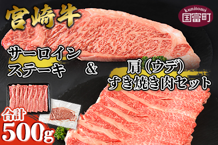 ＜宮崎牛 サーロインステーキ ＆ 宮崎牛 肩（ウデ） すき焼き 肉セット 合計500g＞翌月末迄に順次出荷【 牛 肉 牛肉 和牛 黒毛和牛 焼肉 BBQ 】