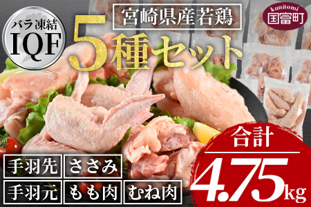 ★バラバラ冷凍 鶏肉★＜宮崎県産若鶏肉IQF 5種セット 4.75kg＞3か月以内に順次出荷【 鶏 肉 鶏肉 もも 鶏肉 むね 鶏肉 ささみ 鶏肉 手羽元 鶏肉 手羽先 鶏肉 食べ比べ カット済 鶏肉 小分け 鶏肉 からあげ 鶏肉 IQF 鶏肉 国産 鶏肉 食べ比べ 鶏肉  市場食鳥 国富町 宮崎県】