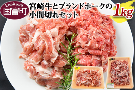 ＜宮崎牛とブランドポークの小間切れセット 1kg＞翌月末迄に順次出荷【 牛 牛肉 国産 黒毛和牛 贅沢 豚 ぶた 豚肉 小間 豚丼 牛丼 セット 】