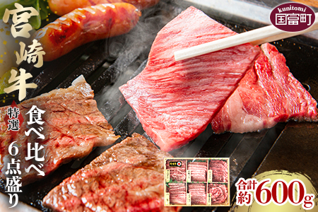 ＜宮崎牛特選食べ比べ6点盛り 合計約600g (約100g×6種)＞2か月以内に順次出荷【 国産 牛 牛肉 贅沢 お祝い 誕生日 黒毛和牛 ロース バラ 霜降り セット 食べ比べ 】