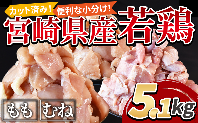＜宮崎県産若鶏切身5.1kg（むね肉300g×12袋 もも肉300g×5袋）＞翌々月までに順次出荷【 鶏肉 詰め合わせ セット からあげ 唐揚げ カレー シチュー BBQ 煮物 チキン南蛮 小分け おかず おつまみ お弁当 惣菜 時短 炒め物 簡単料理 市場食鳥 国富町 宮崎県】