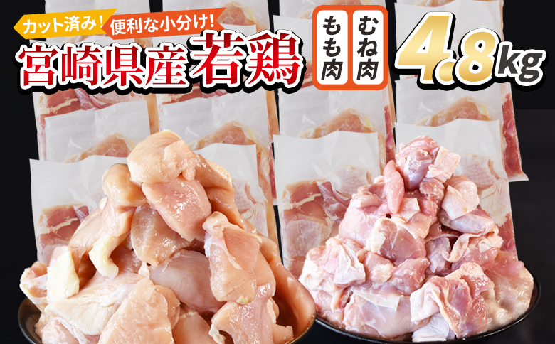 ＜宮崎県産若鶏切身 4.8kg（むね肉 300g×8袋 もも肉 300g×8袋）＞ 翌々月までに順次出荷 【 セット 詰め合わせ からあげ 唐揚げ カレー シチュー BBQ 煮物 チキン南蛮 小分け おかず おつまみ お弁当 惣菜 時短 炒め物 簡単料理 市場食鳥 国富町 宮崎県】 4.8kg（むね肉 300g×8袋 もも肉 300g×8袋）\20,000