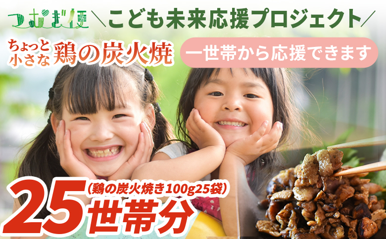 ＜こども未来応援プロジェクト　つむぎ便 ちょっと小さな鶏の炭火焼　25世帯分＞【 返礼品なし 選べる 数量 支援 ボランティア 国産 肉 鶏肉 手焼き レトルト 常温保存 非常食 保存食 おかず 惣菜 宮崎名物 炭火焼き レトルト 】 25世帯分　11,000円