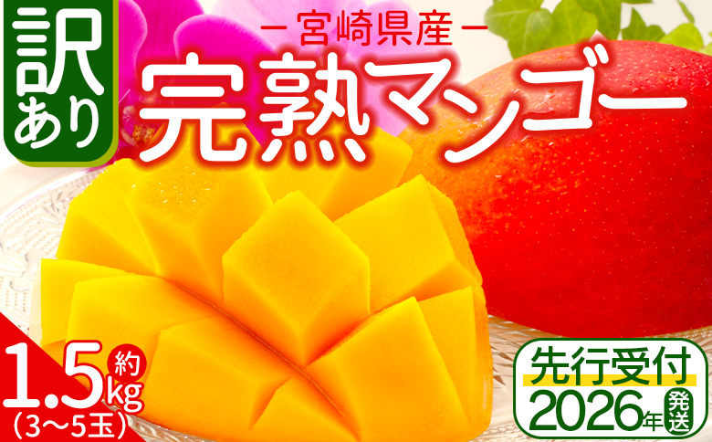 ＜訳あり 宮崎県産 完熟マンゴー 合計約1.5kg（3?5玉）＞※入金確認後、2025年7月中旬~下旬迄に順次出荷 訳アリ ご自宅 ご褒美 トロピカル 国産 果物 果実 フルーツ 南国 甘い 旬（株）ワールドワイドトレード 宮崎県 国富町【冷蔵】