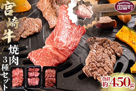 [宮崎牛 焼肉3種セット 合計約450g (バラ・モモ・肩 各約150g)]2か月以内に順次出荷[ 牛 肉 牛肉 和牛 黒毛和牛 焼肉 BBQ ]