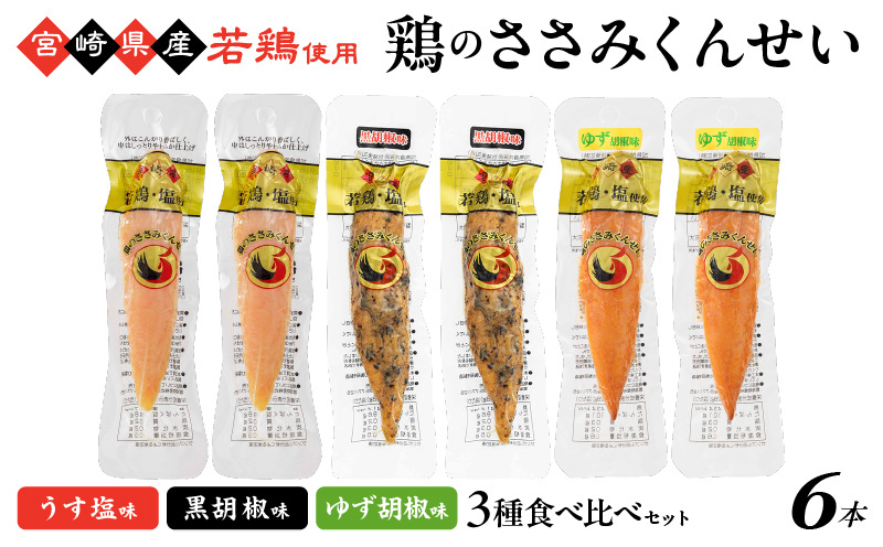 鶏のささみくんせい 3種食べ比べ 6本セット ＜うす塩・黒胡椒・ゆず胡椒 ＞ おつまみ スモーク チキン 燻製