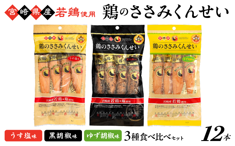 鶏のささみくんせい 3種食べ比べ 12本セット ＜うす塩・黒胡椒・ゆず胡椒 ＞ おつまみ スモーク チキン 燻製