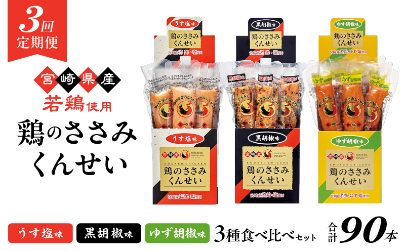 【3回定期便】鶏のささみくんせい 3種食べ比べ 30本セット ＜うす塩・黒胡椒・ゆず胡椒 ＞ おつまみ スモーク チキン 燻製 全3回【定期便】
