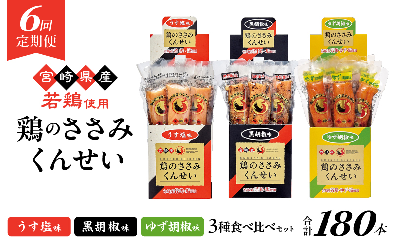 【6回定期便】鶏のささみくんせい 3種食べ比べ 30本セット ＜うす塩・黒胡椒・ゆず胡椒 ＞ おつまみ スモーク チキン 燻製 全6回【定期便】