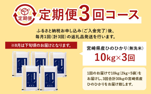 ＜【3ヶ月定期便】令和7年産 宮崎県産ヒノヒカリ（無洗米） 2kg×5袋 計10kg（真空パック）＞お申込みの翌月下旬に第1回目を発送 ×3回 合計30kg ヒノヒカリ 宮崎県産 無洗米 米 お米 定期便 チャック付