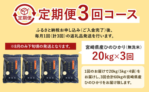 ＜令和7年産「宮崎県産ヒノヒカリ(無洗米)」20kg 3か月定期便＞お申込みの翌月下旬に第1回目を発送 米 ヒノヒカリ 定期便 コメ 無洗米