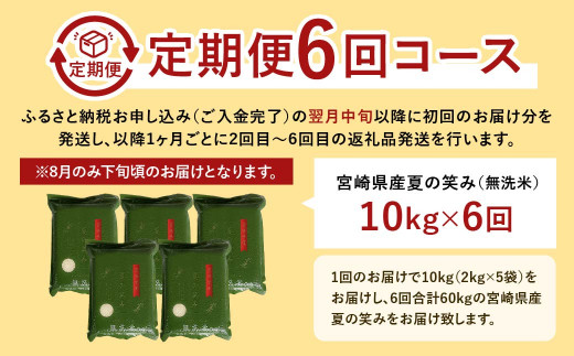 【学校給食提供】＜【6ヶ月定期便】令和7年産 宮崎県産 夏の笑み（無洗米）2kg×5袋 計10kg（真空パック）＞お申込みの翌月下旬に第1回目を発送 米 夏の笑み 無洗米 精米 希少 品種 白米 お米 ご飯 宮崎県産