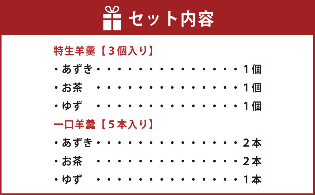 ＜特生羊羹3個、一口羊羹5本セット＞※入金確認後、翌月末迄に順次出荷します。 和菓子 お茶 あずき 小豆
