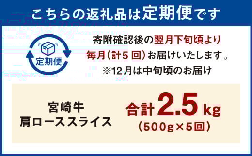 【5ヶ月定期便】＜宮崎牛肩ローススライス 500g（1パック：500g×5回）＞お申込みの翌月下旬頃に第一回目発送（12月は中旬頃） 牛肉 お肉 肉 和牛 新生活応援 卒業祝い 就職祝い 入学 卒業 お花見 引越し