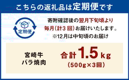 【3ヶ月定期便】＜宮崎牛バラ焼肉 500g（1パック：500g×3回）＞お申込みの翌月下旬頃に第一回目発送（12月は中旬頃） 牛肉 お肉 肉 和牛 新生活応援 卒業祝い 就職祝い 入学 卒業 お花見 引越し
