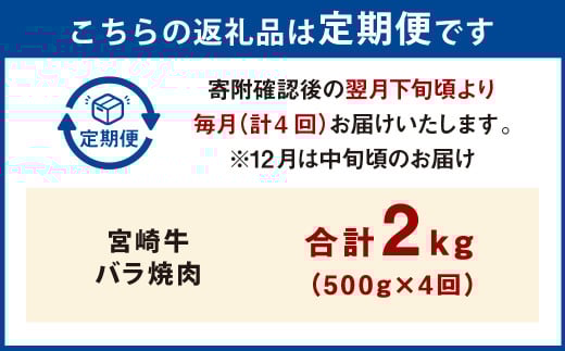 【4ヶ月定期便】＜宮崎牛バラ焼肉 500g（1パック：500g×4回）＞ お申込みの翌月下旬頃に第一回目発送（12月は中旬頃） 牛肉 お肉 肉 和牛 新生活応援 卒業祝い 就職祝い 入学 卒業 お花見 引越し