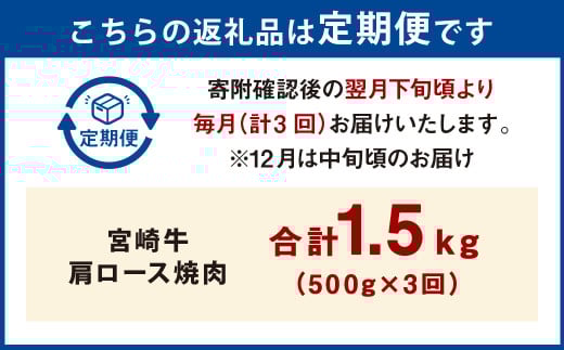 【3ヶ月定期便】＜宮崎牛肩ロース焼肉 500g（1パック：500g×3回）＞ お申込みの翌月下旬頃に第一回目発送（12月は中旬頃） 牛肉 お肉 肉 和牛 新生活応援 卒業祝い 就職祝い 入学 卒業 お花見 引越し